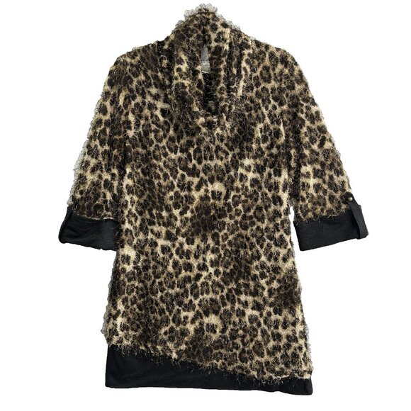 ALBERTO MAKALI Women Mini Dress Fuzzy Long Sleeve Animal Cowl Sz L Brown 46-27 - Picture 1 of 15